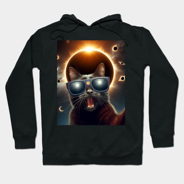 black cat taking a selfie with solar 2024 eclipse wearing Glasses Hoodie by HBart